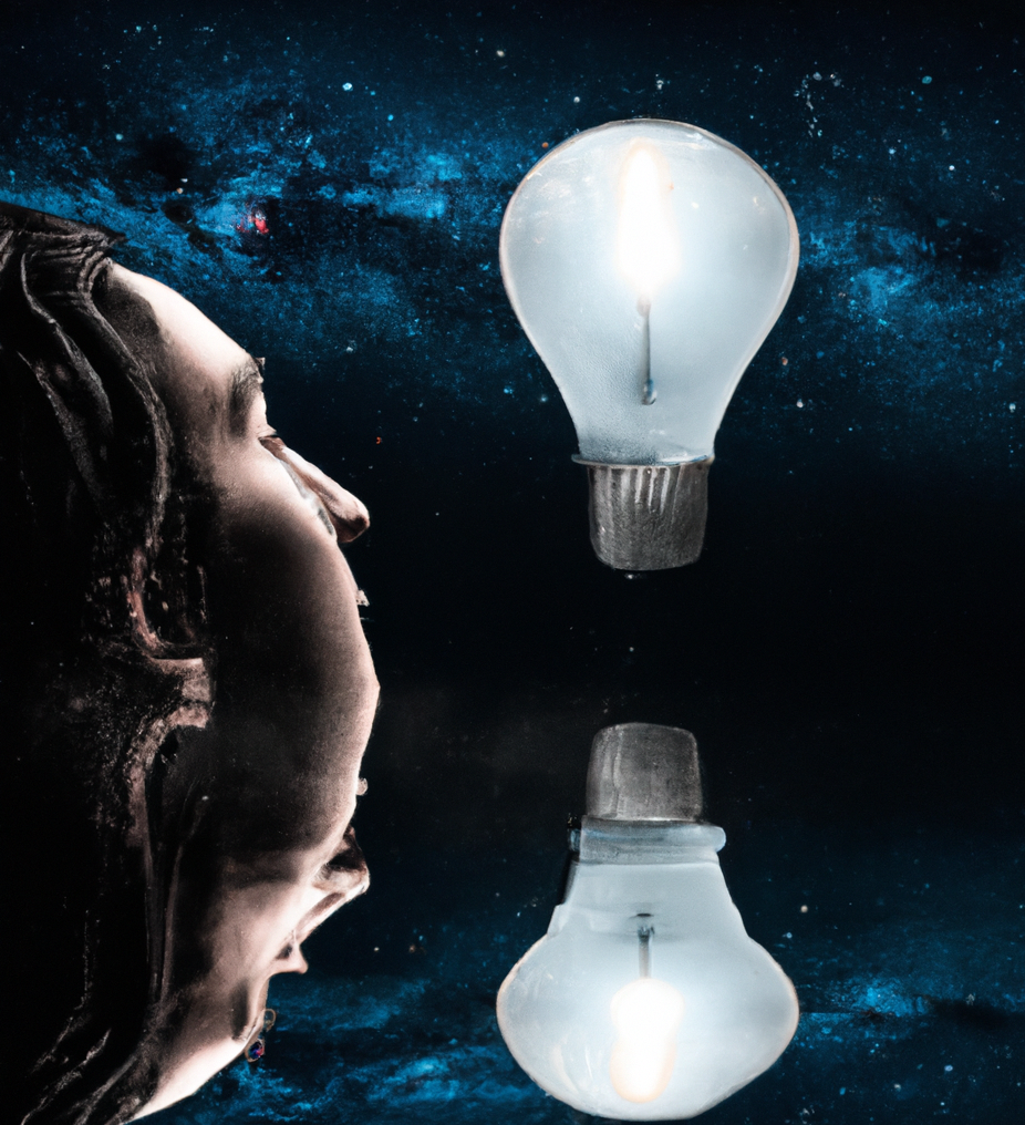 A lightbulb over a head with a thought bubble indicating a moment of realization or newfound knowledge. A person looking at their reflection in a stil