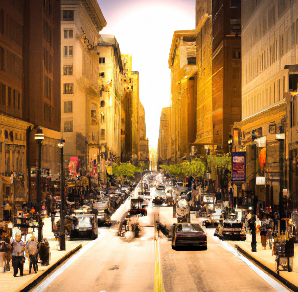 A crowded city street with buildings on either side reaching up into the sky. Cars and people bustle about, going about their day. The sun is shining