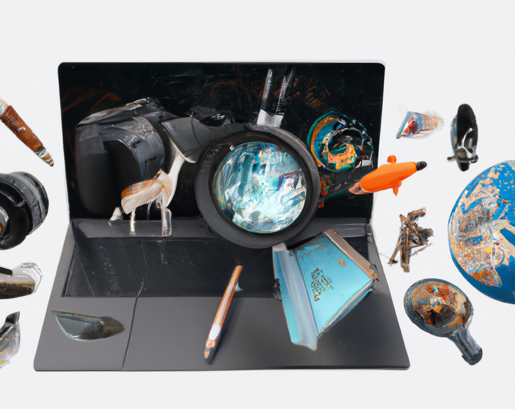 Centered is a laptop, with objects that represent perspective(magnifying glass, binoculars, & telescope), context(globe, open book, & notepad) representing zero-shot prompts