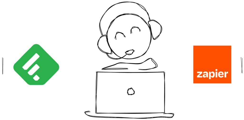 Drawing of happy person on their computer with Feedly and Zapier logos to each side , representing successful curating of content.