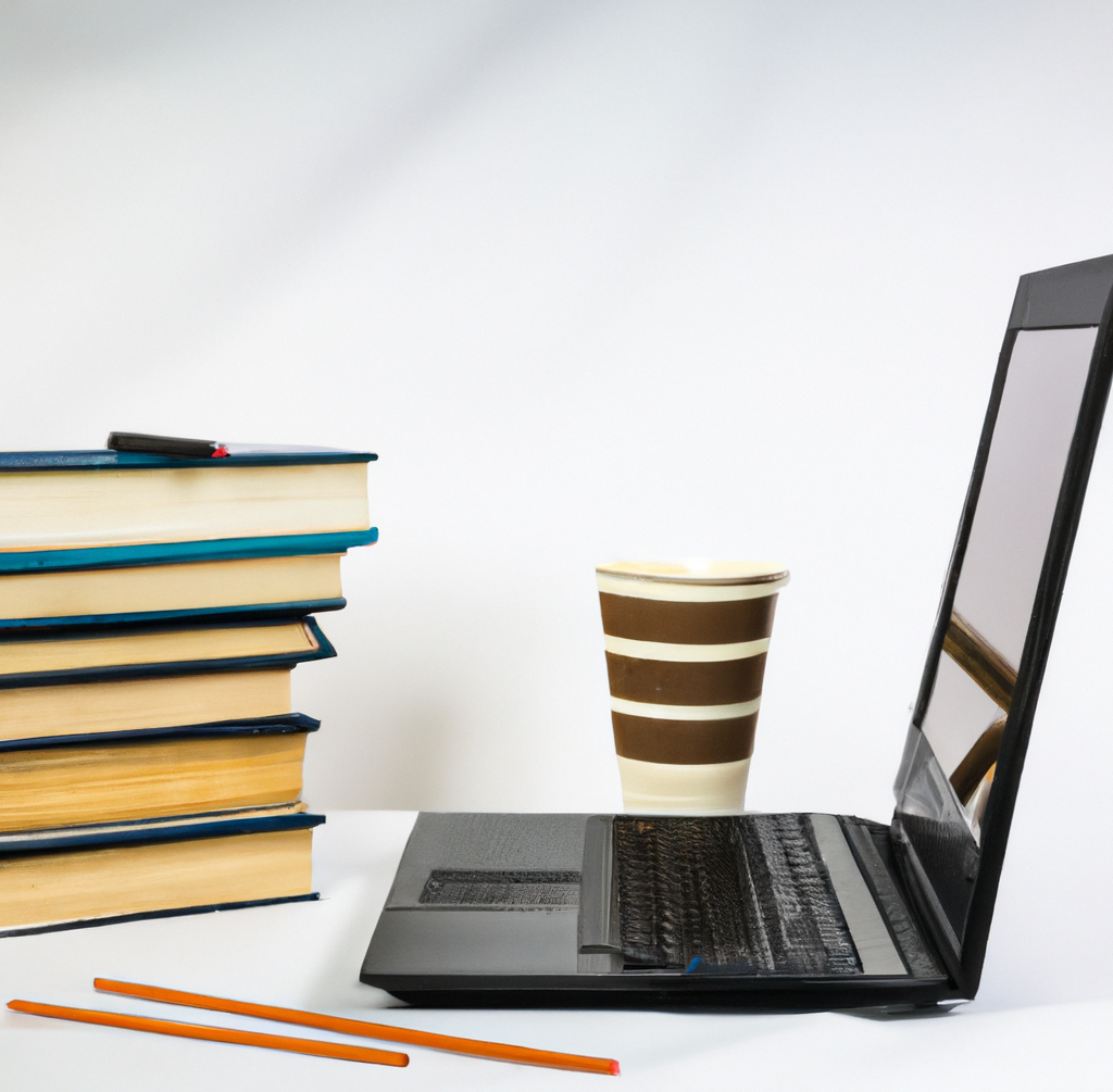 The featured image shows a laptop. The laptop is placed on top of a stack of books, with a few pencils and pens strewn around. A coffee mug to the left.