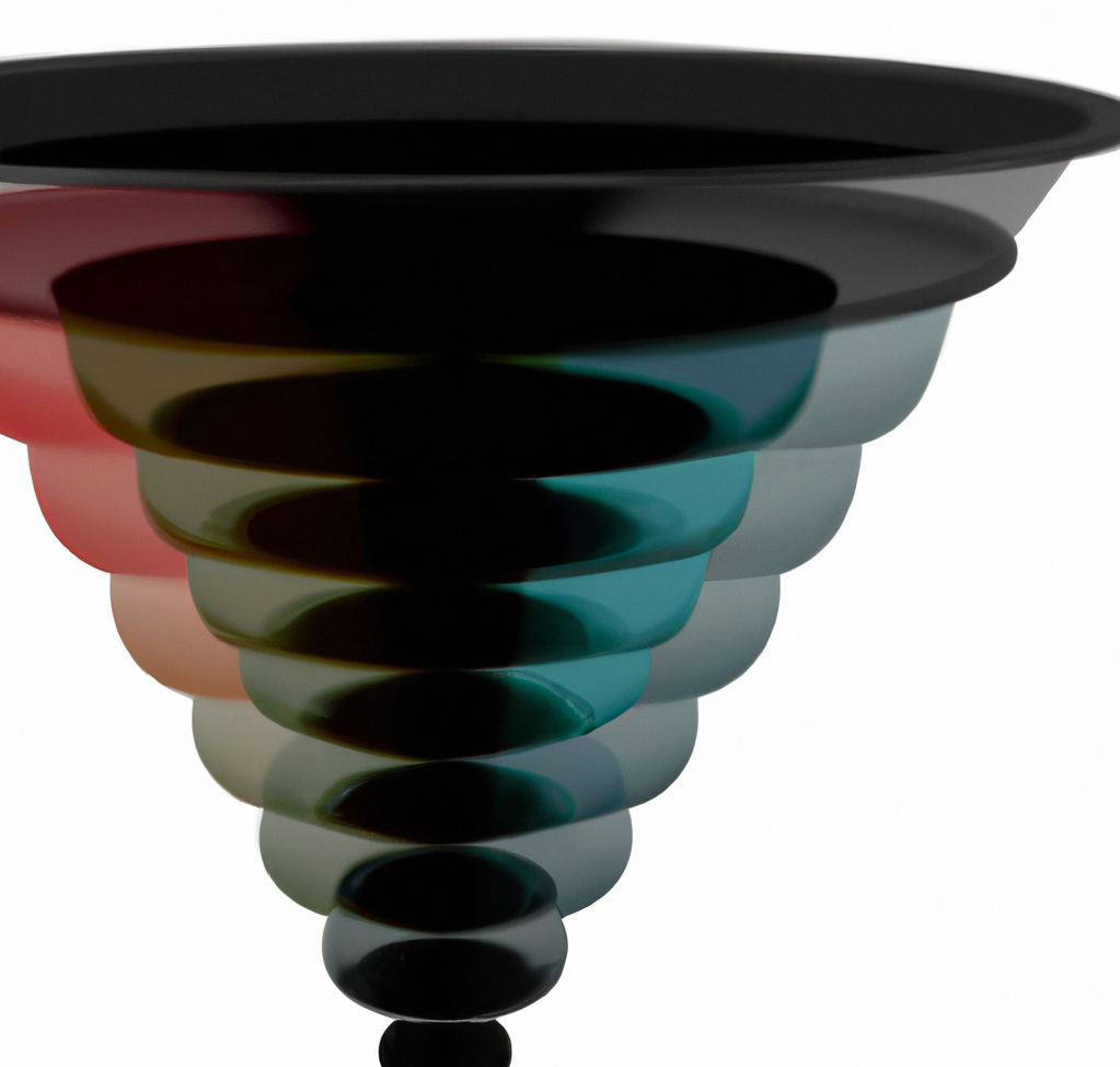 A funnel-shaped illustration with different shades of color from light to dark, representing data or information being filtered down