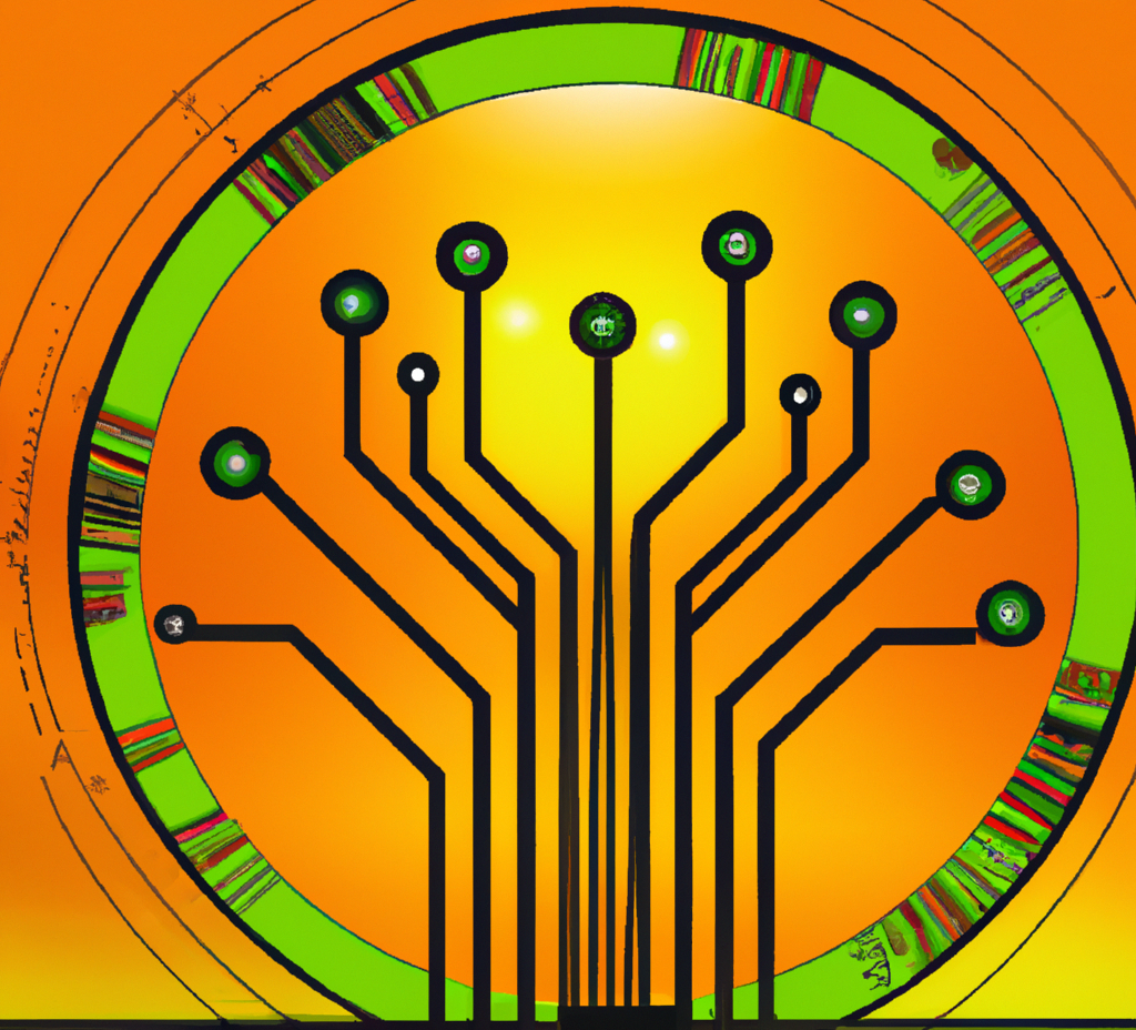Modern, abstract take on the idea of success. Centered is a sleek black computer circuit board with illuminated green nodules