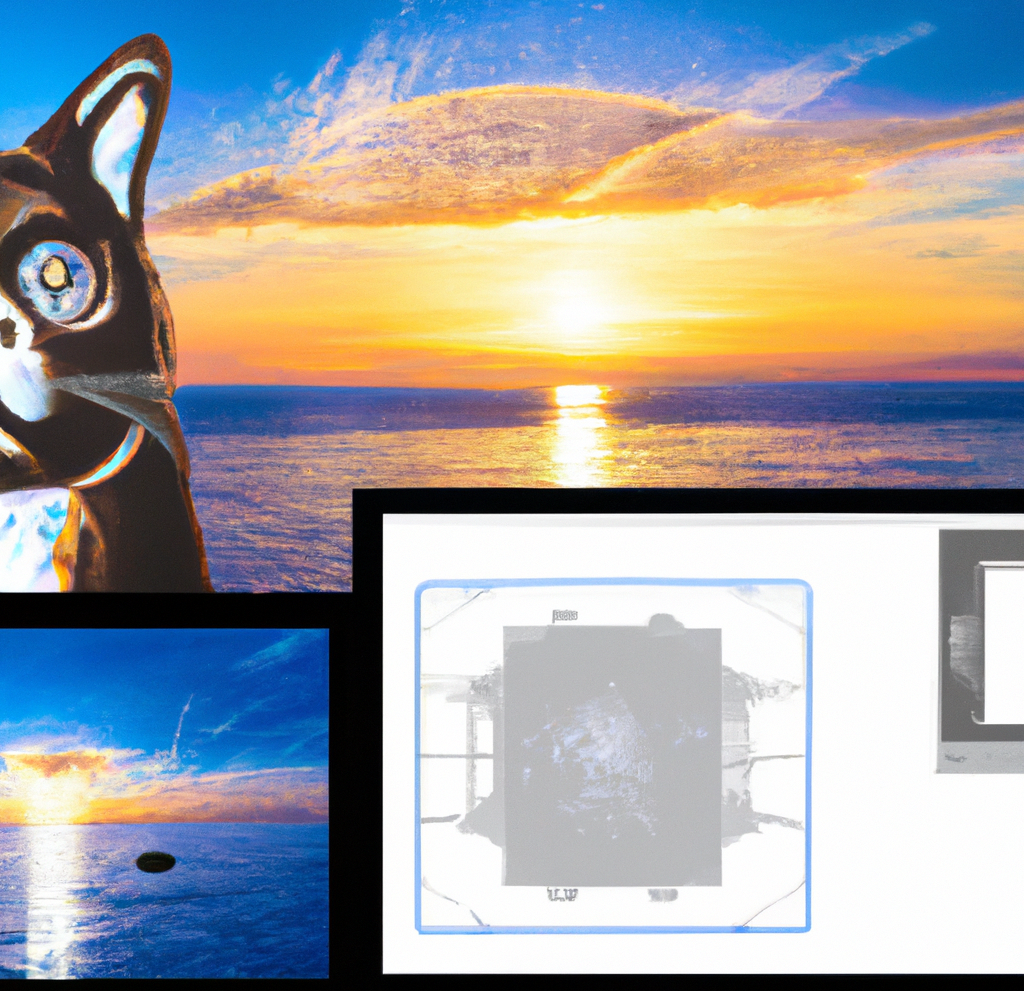 A computer screen with an open coding interface, displaying three highly-detailed SVG images_ a sunrise over water, a cat's face with ears, and a dog.