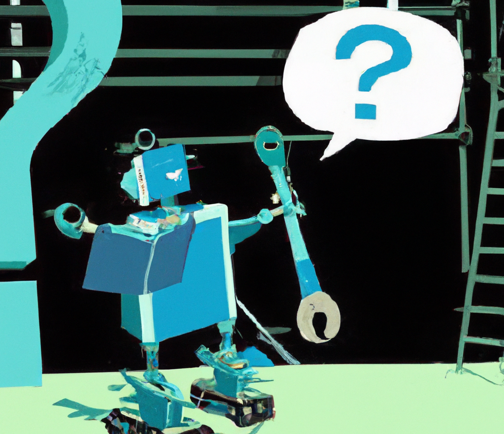 robot stands in front of a large chatbot-shaped machine, tinkering with its inner workings. On the machine's screen, a series of questions appear on